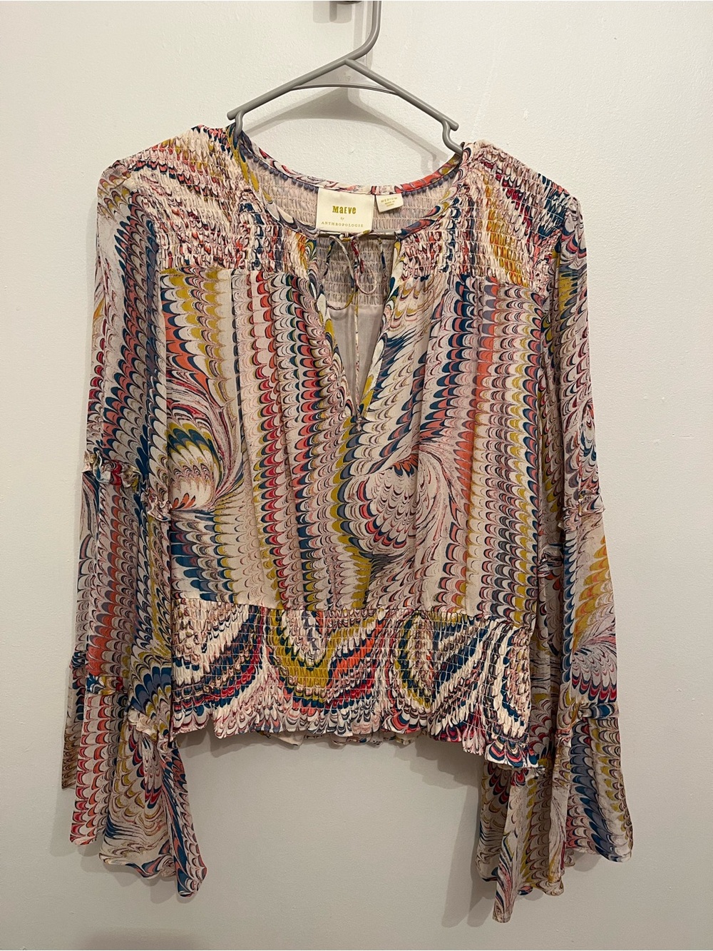 Anthropologie Multicolor Swirl Print Blouse - Cream, Blue, Pink, Yellow